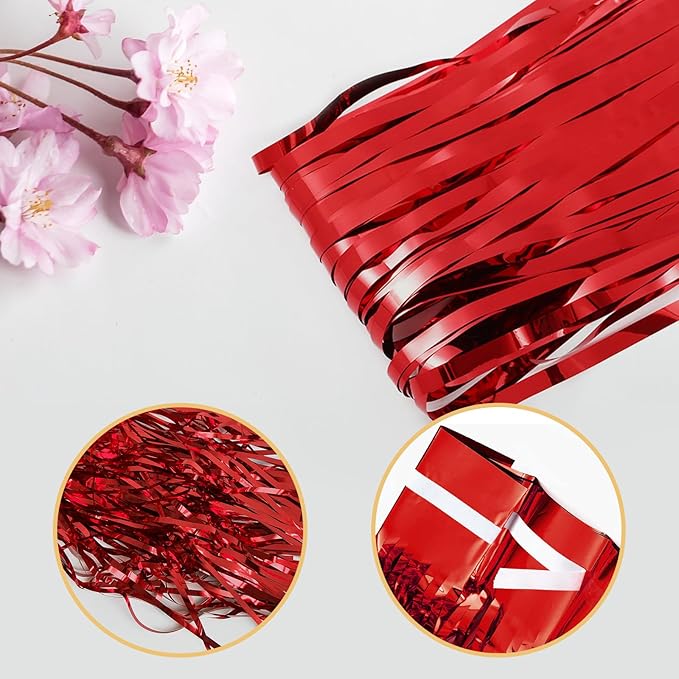 5 Pack Red Fringe Backdrop Curtains 3.2ft x 8.2ft Tinsel Foil Fringe Curtains - Image 4