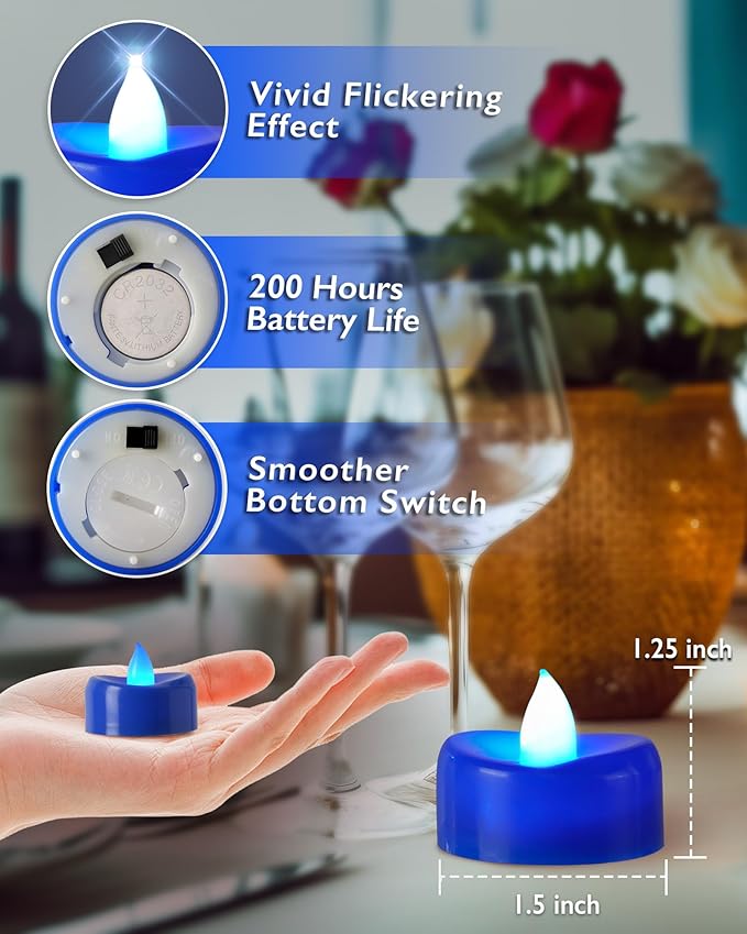 Raycare Blue LED Tea Lights Battery Operated, 200+Hour Flickering Votive Candles - Image 2