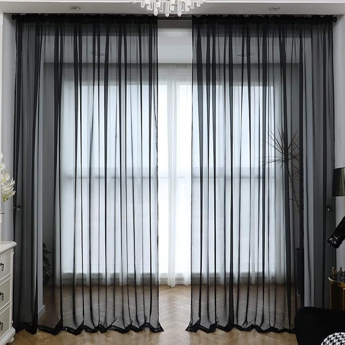 Window Black Sheer Curtains 90 Inches Long 2 Panels Sheer Curtain Basic Rod by L%26TEC