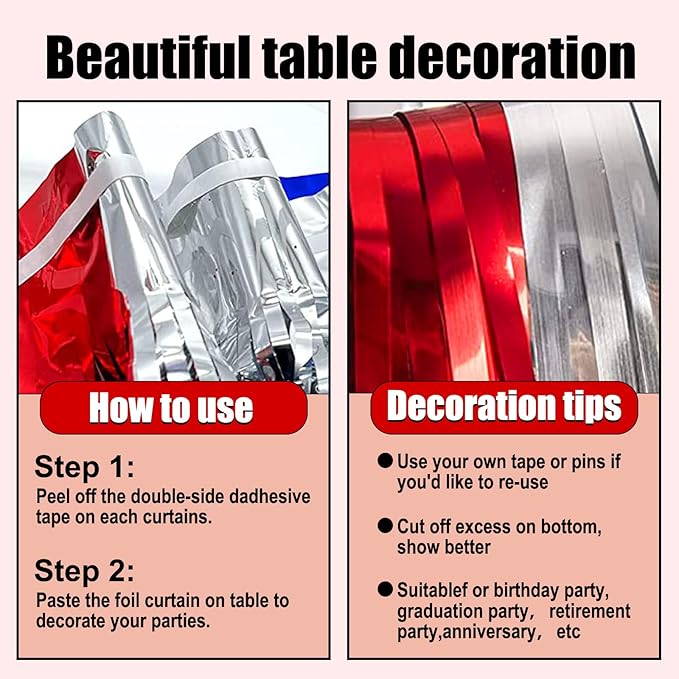 3 Pack 29 x108 Inch Red Silver Foil Fringe Table Skirts Metallic Banner - Image 3