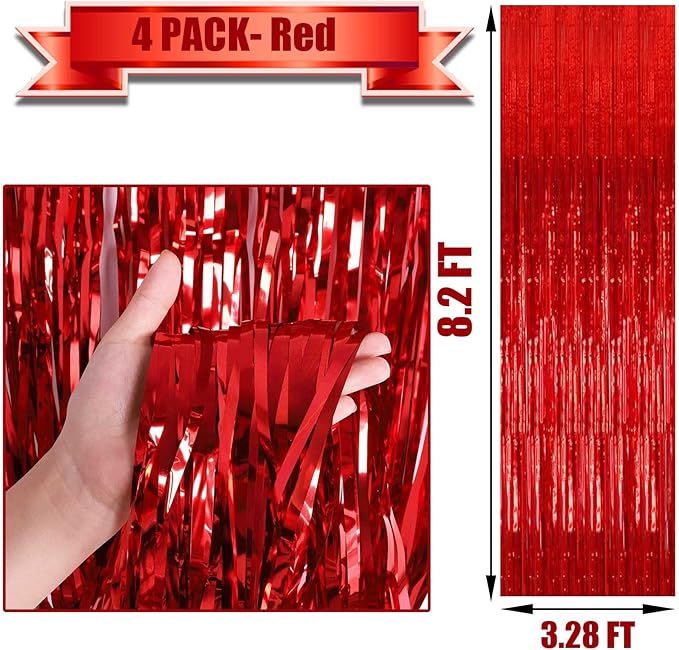 4 Pack Red Foil Fringe Curtain Backdrop, 3.28Ft x 8.2Ft Metallic Tinsel Foil - Image 2