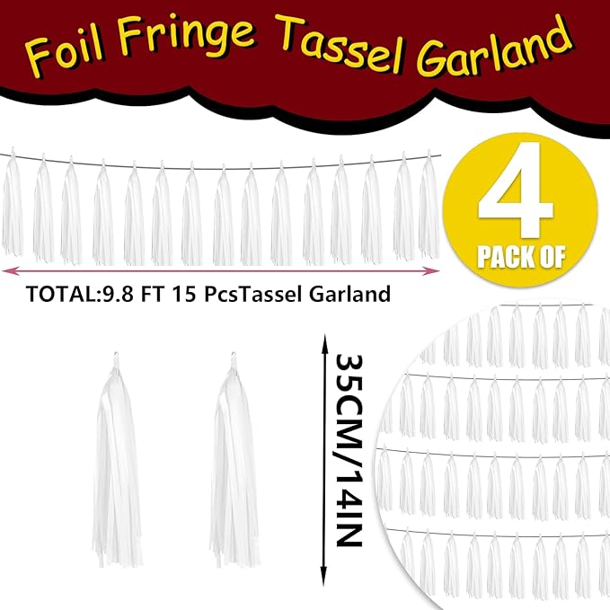 4P White Foil Fringe Metallic Tassel Streamers Banner Tassel Garland - Image 2