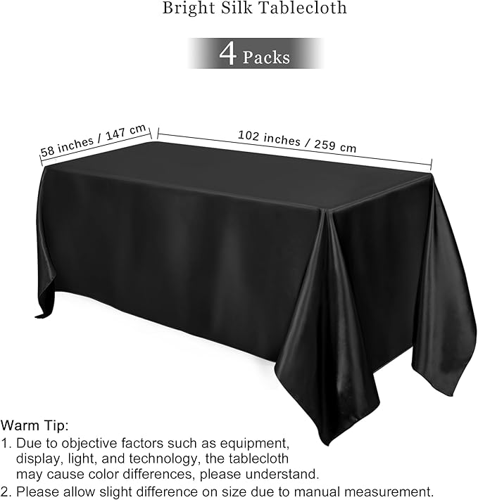 TURSTIN 4 Packs Black Satin Tablecloth 102 x 58 Inch Overlay Satin Table Cover - Image 2