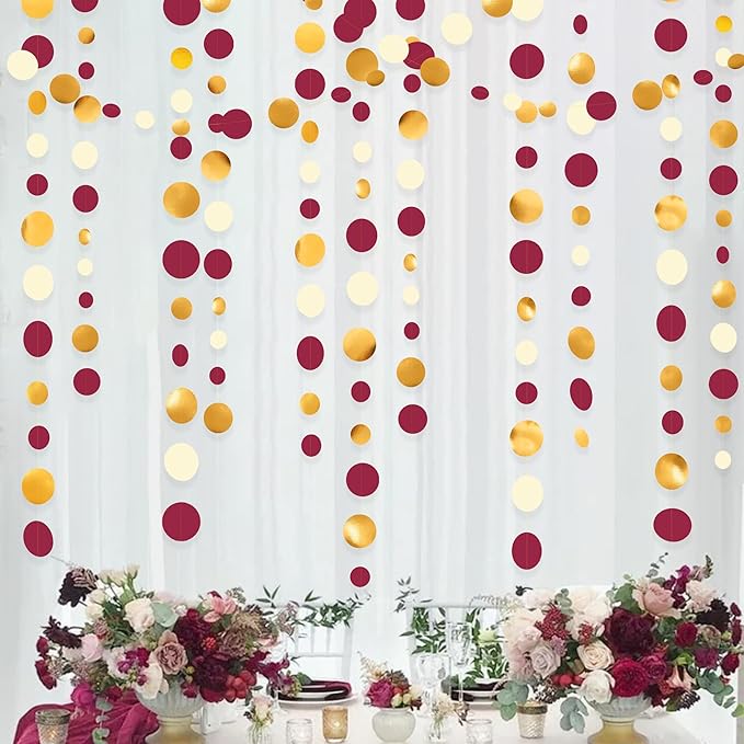 46 Ft Maroon Gold Party Decorations Burgundy Gold Beige Polka Dot Garland by pinkblume