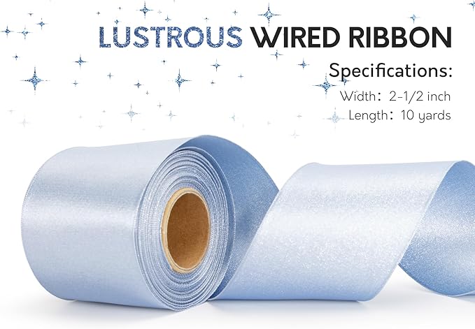 Light Blue Satin Wired Ribbon 2-1/2 Inch Double-Faced Sliver Glitter Christmas - Image 3
