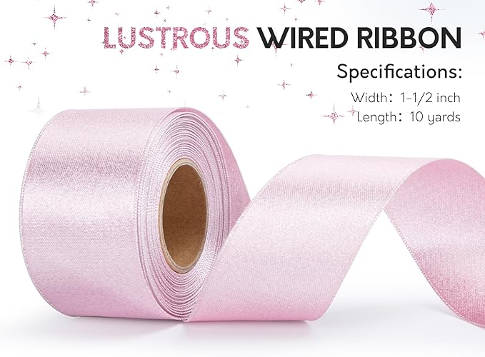 Light Pink Satin Ribbon for Valentines Day 1-1/2 Inch Double-Faced Wide Wired - Image 3