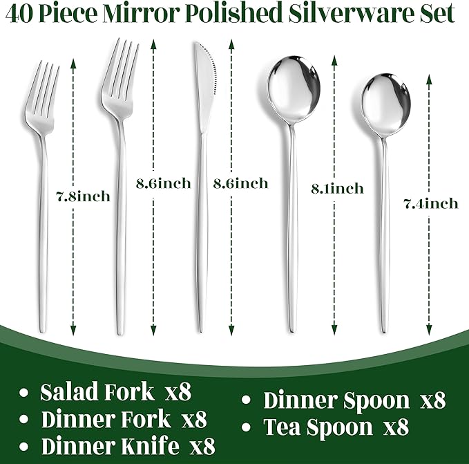 NOCCUR 40-Piece Stainless Steel Silverware Set - Image 2