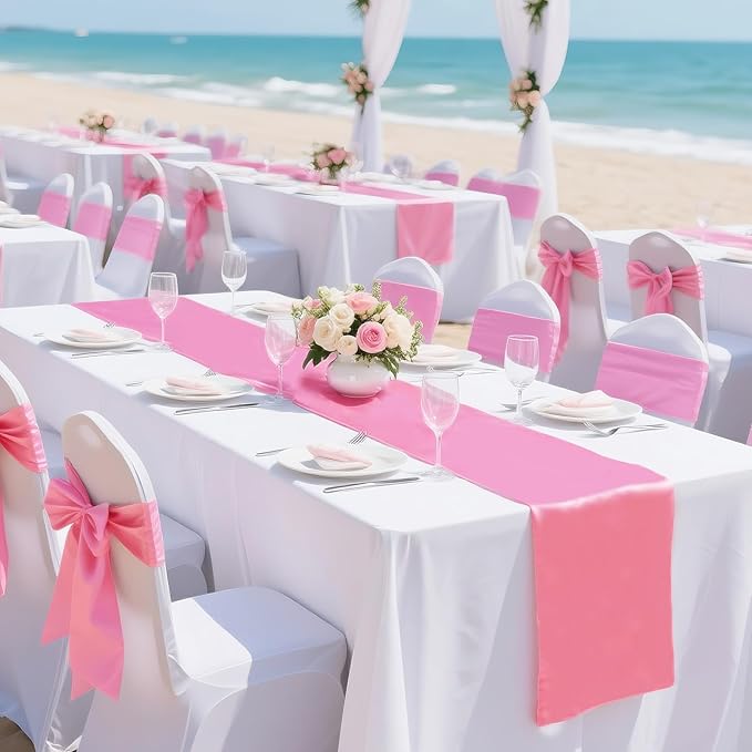 SHEJIZE 2 Pack Pink Satin Table Runner 12x108 Inches Long, Bright Silky Smooth - Image 4