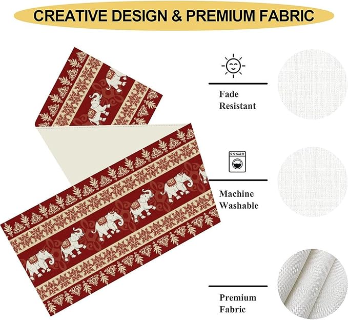Boho Elephant Table Runner, Vintage Tribal Traditional African Animals Ethnic - Image 4