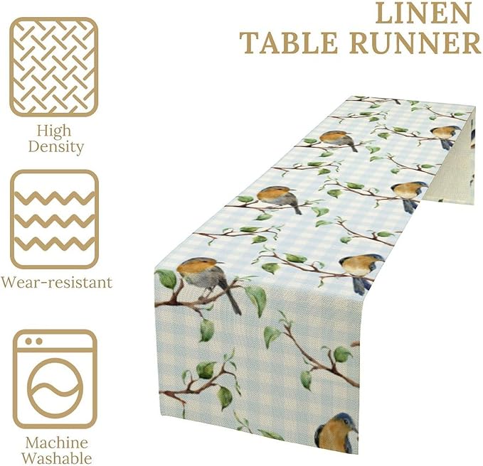 Bird Table Runner, Spring Birds Tree Blue Plaid Print Table Runner - Image 4