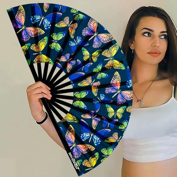 UV Glow Rave Fan, Bamboo Folding Clack Hand Fans Foldable - Image 3