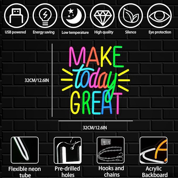 Make Today Great Neon Sign for Wall Decor, Inspirational Colorful Letter Neon - Image 2