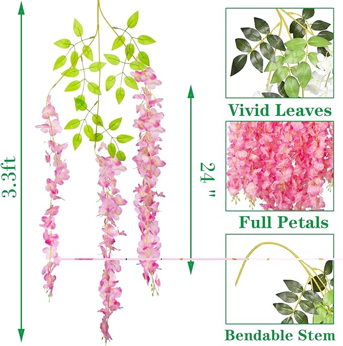 24 Pack Artificial Fake Wisteria Vine Ratta Hanging Garland Silk Flowers String - Image 2