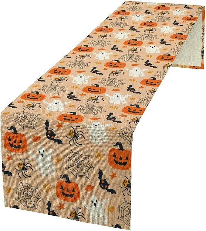 Halloween Table Runner, Cute Ghost Pumpkin Leaves Table Runner by Unknown