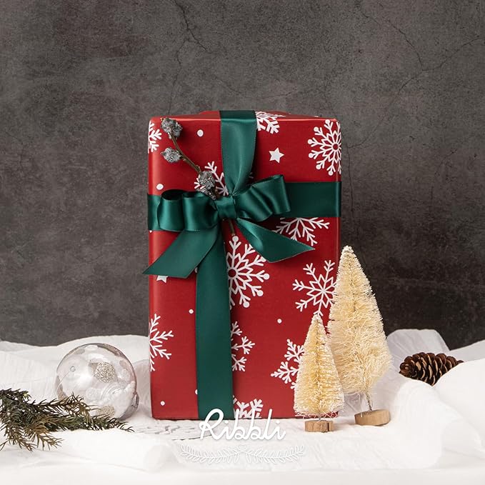 Ribbli Christmas Wrapping paper Reversible Snowflake and Christmas Tree Red - Image 3