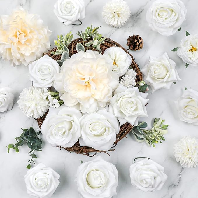 AmyHomie White Artificial Flowers Combo Silk Mix Peony Rose Hydrangea Daisy - Image 6