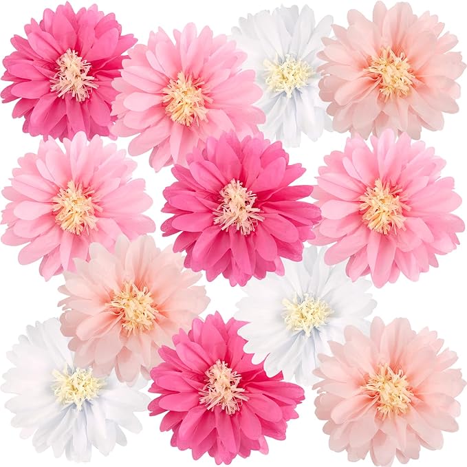 12 Pcs Pink Tissue Paper Flowers Daisy Tissue Paper Pom Poms Party Decorations by BalunAdmhail