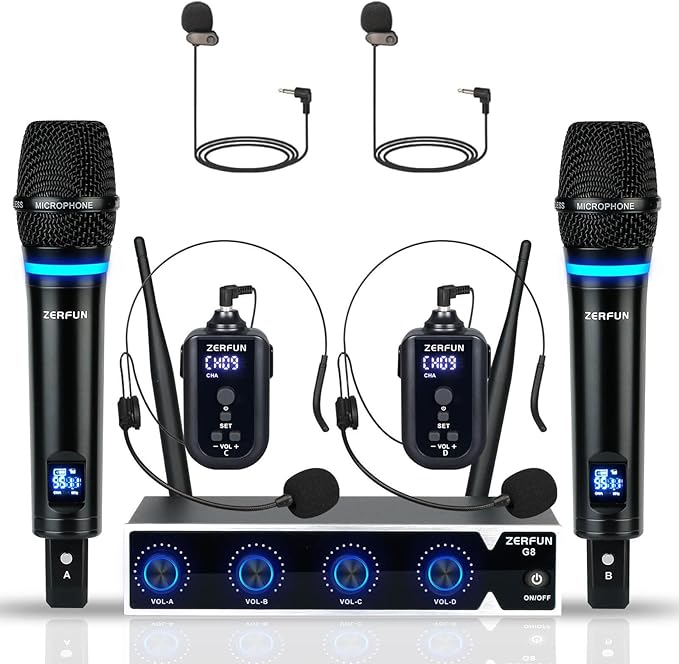4 Channel Rechargeable Wireless Microphone System, Pro UHF Metal Handheld by ZERFUN