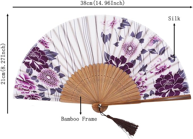 Amajiji 8.27" Hand Held Bamboo Silk Folding Fan Hand Fan, Chinese/Japanese - Image 2