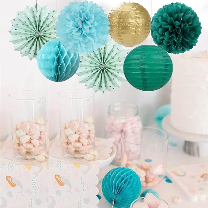 Sage-Green Teal-Blue Party-Decorations Streamers Lanterns - Image 7