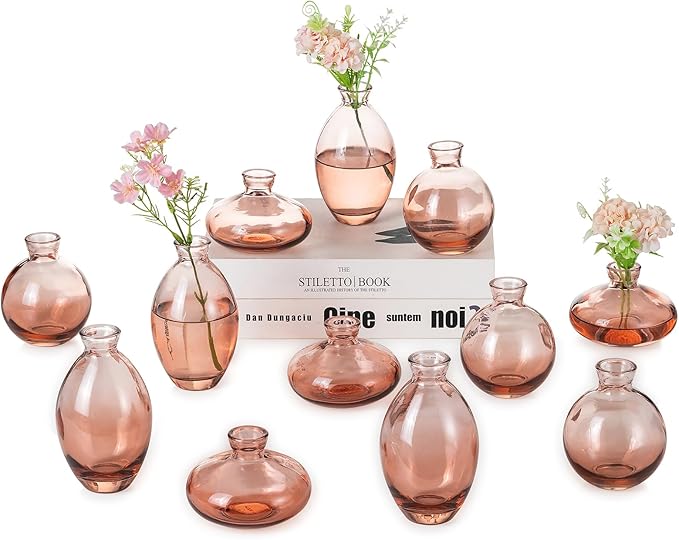 Hewory Glass Bud Vases for Centerpieces: Set of 12 Cute Pink Small Vases by Hewory