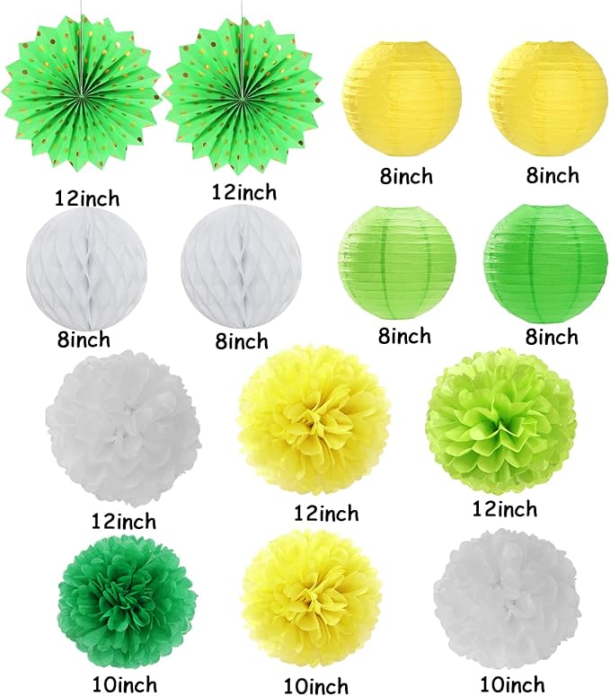 Yellow-White Green Party-Decorations Streamers-Lanterns - Image 3