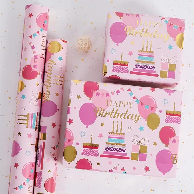 Aimyoo Pink Birthday Wrapping Paper Roll - Image 4