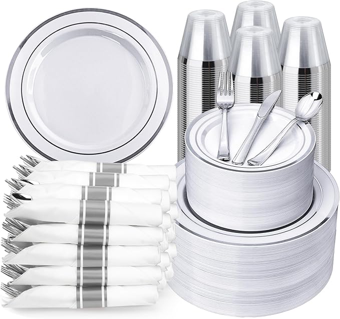 BESTVIP 700PCS Silver Plastic Dinnerware Set by Bestvip