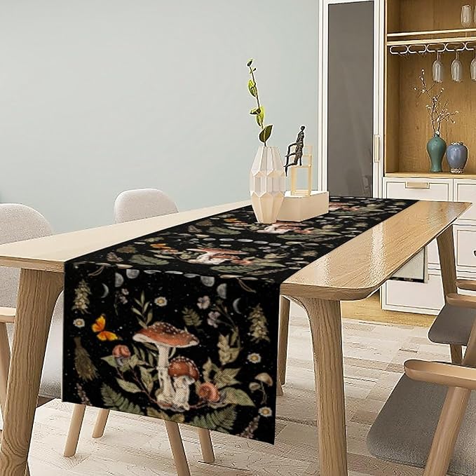 Mushroom Kitchen Table Runner, Boho Vintage Wild Flower Gothic Witchy Moonlit - Image 7