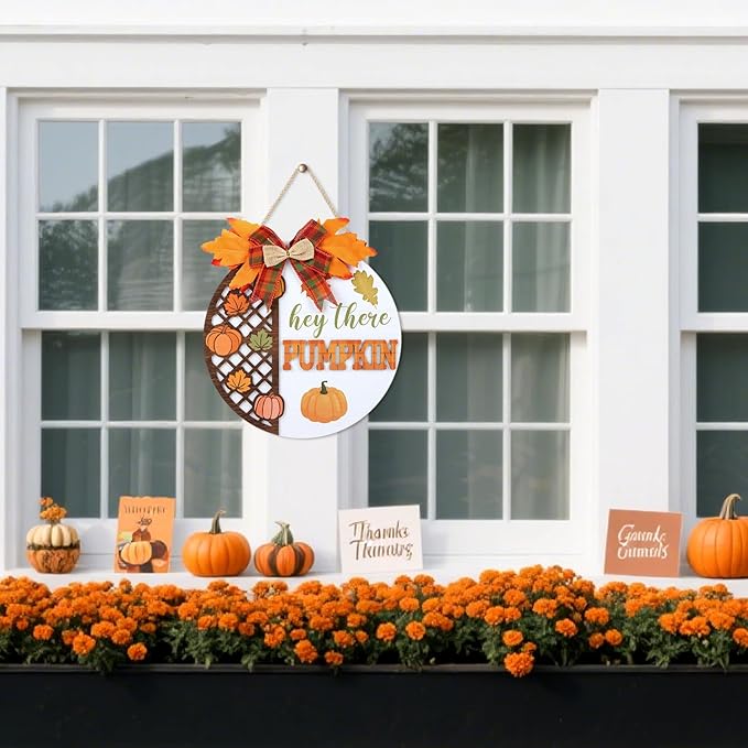 CHDITB Hey There Pumpkin Front Door Sign Wreath, Wooden 3D Hello Fall Autumn - Image 3