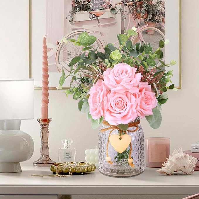 HOHOTIME Artificial Flowers in Vase, Faux Silk Pink Roses Table Centerpiece - Image 5