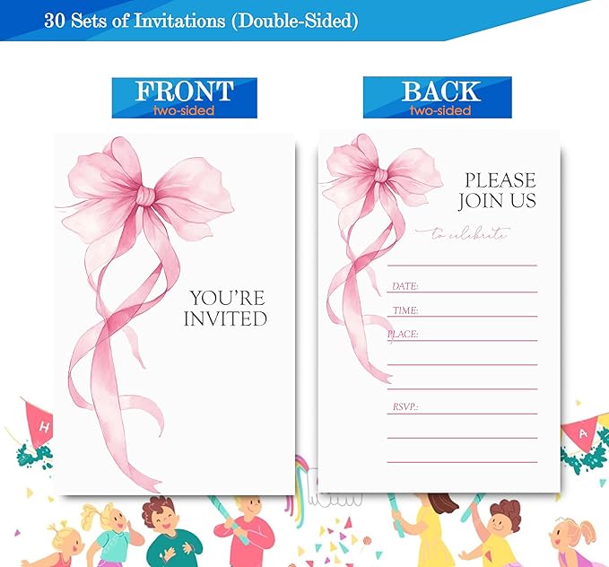 Pink Bow Birthday Invitations for Girls, Elegant Bow Birthday Party Invitaions - Image 6