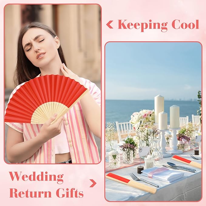 6 Pieces Red Hand Held Bamboo Folding Fans Foldable Paper Fans Handheld - Image 5