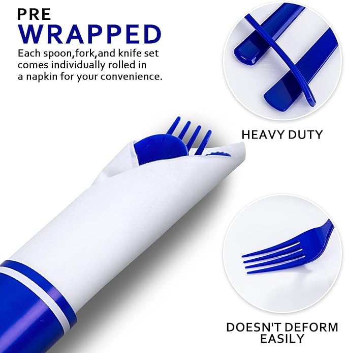 400PCS Pre Rolled Blue Plastic Silverware Sets - Image 7