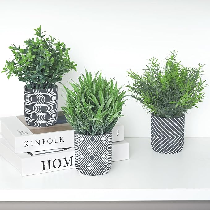 3 Pack Small Fake Plants, Fake Grass Plant, Artificial Boxwood & Rosemary - Image 4