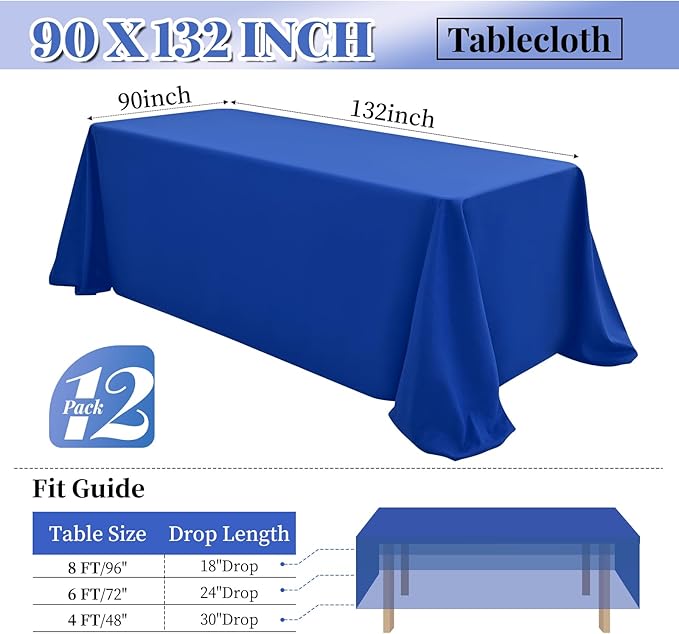 12 Packs 90 x 132 Inch Tablecloth, Royal Blue Polyester Table Cloth - Image 2