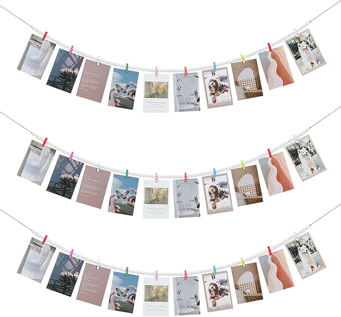 Hanging Photo Display with Clips, Boho Wooden Bead Garland Collage Picture by KLOGTSINDDirect