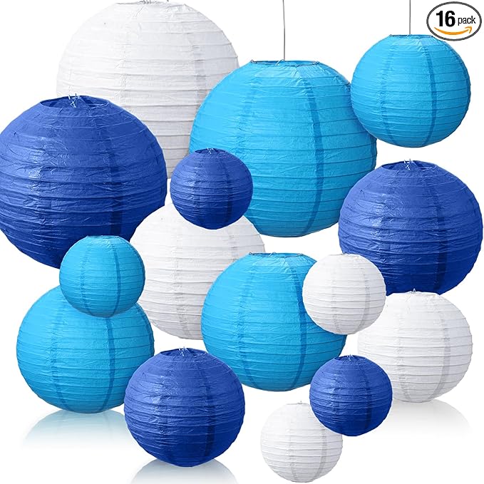 Riakrum 16 Pcs Blue and White Paper Lanterns Birthday Party Decorations Mixed by Riakrum