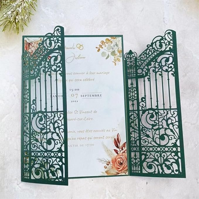 MillaSaw Dark Green Laser Cut Gate Invitation Sleeve DIY Wedding Invitation 25 - Image 4