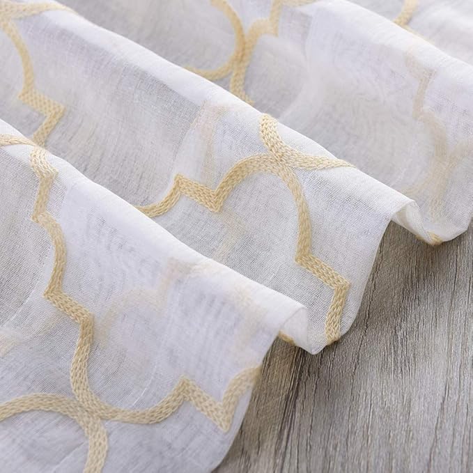 Embroidered Moroccan Tile Lattice Design Gold Sheer Curtains 84 Inch Long - Image 7