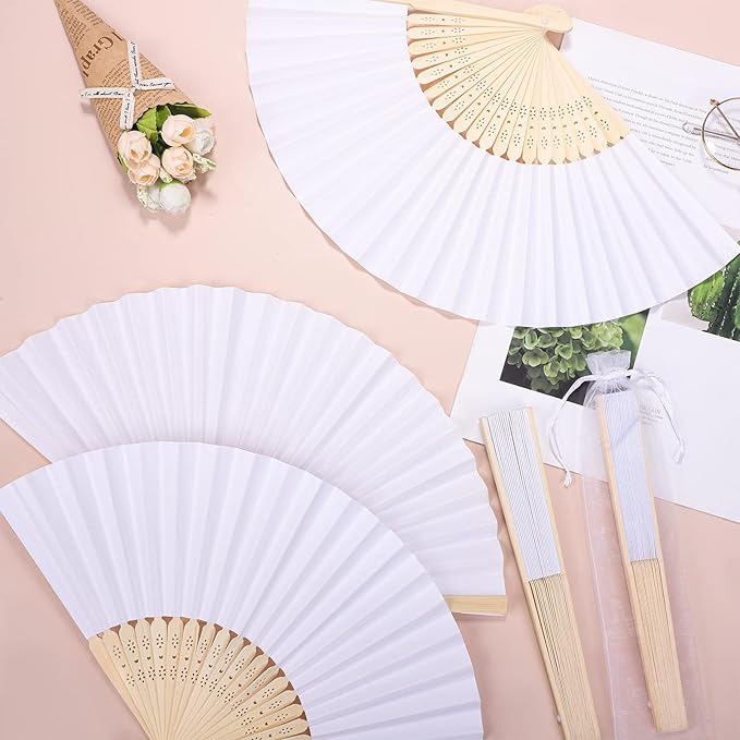 MCEAST 60 Pieces Wedding Handheld Paper Fans White Bamboo Folding Paper Fans - Image 4