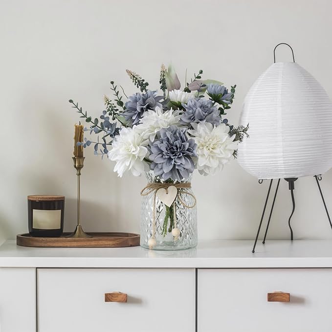 Fake Flowers with Vase, 8 Dahlias, with a Flower Arrangement Holder, Silk Faux - Image 6