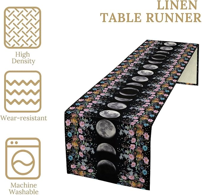 Boho Floral Moon Table Runner, Spring Flower Leaves Mystical Gothic Sun Moon - Image 4