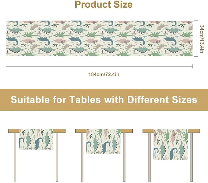 Cartoon Dinosaur Table Runner, Kids Boys Cute Colorful Animal Dino Abstract - Image 2