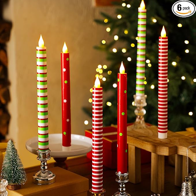 6 Pcs Christmas Flameless Taper Candles 10.6 Inch Red Green and White Striped by Baquler