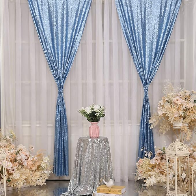 Poise3EHome 2ft x 8ft Baby Blue Sequin Backdrop Curtains 2 Panels Photography - Image 2