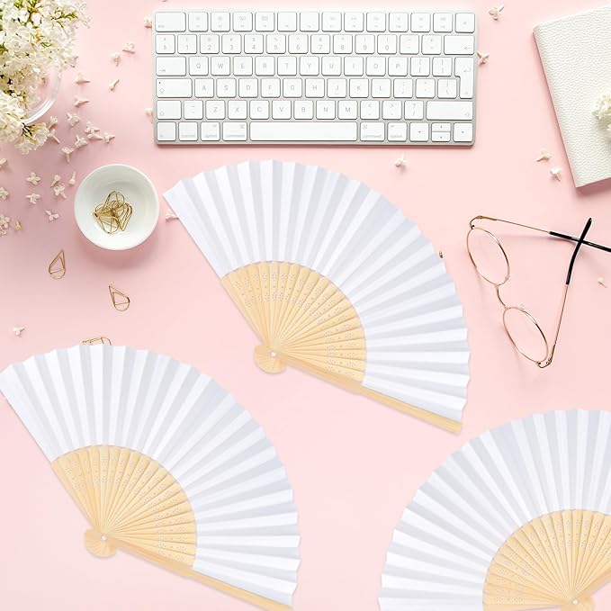 48 Pieces White Hand Held Bamboo Folding Fans Paper Fans Handheld - Image 6