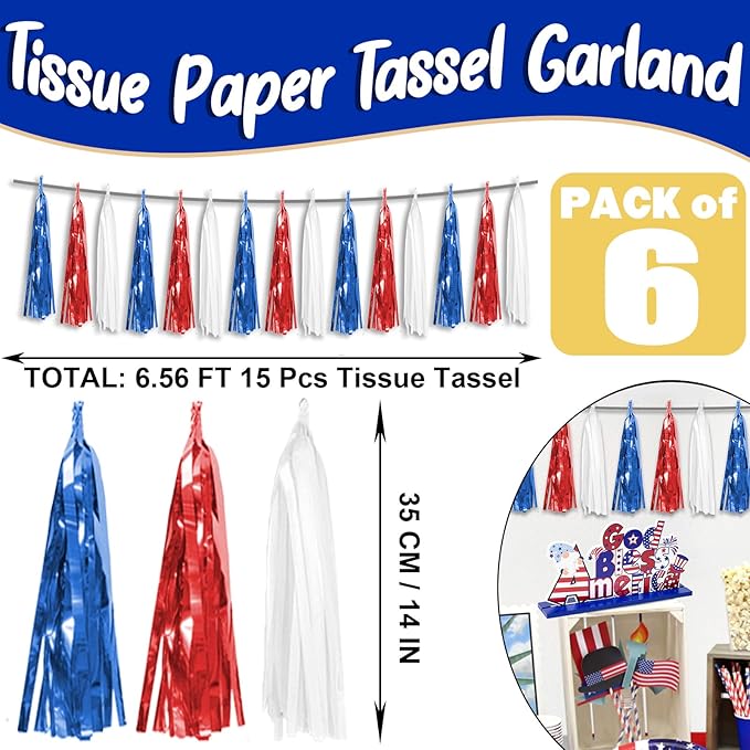 6P Red Blue White Foil Fringe Metallic Tassel Streamers Banner Tassel Garland - Image 3