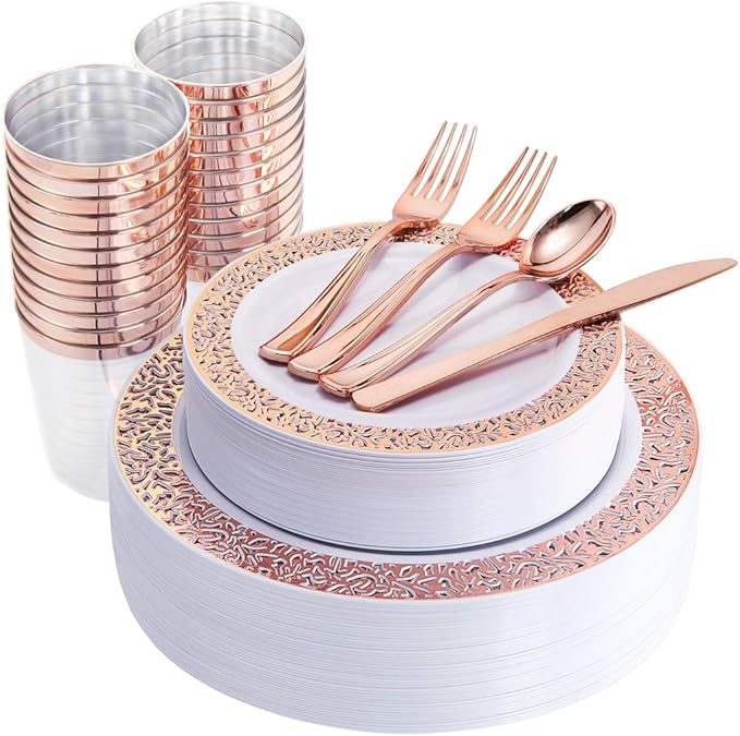 WELLIFE 175 Pieces Rose Gold Plastic Dinnerware, Rose Gold Dinnerware Set by WELLIFE