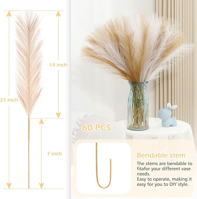 60 Pcs Brown Pampas Grass Decor 21.7 Inch Faux Pampas Grass Bulk Artificial - Image 5